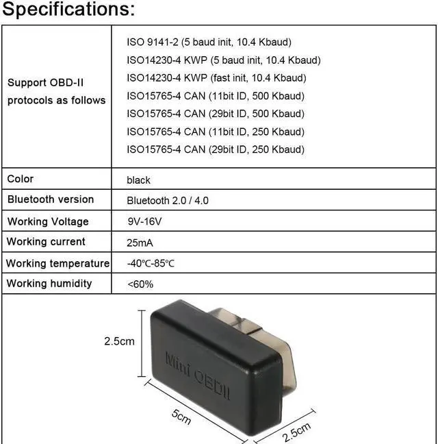 Alt view image 5 of 5 - Mini OBDII Bluetooth4.0 Interface Car Diagnostic Scanner Code Reader Scan Tool for IOS Android Symbian Windows