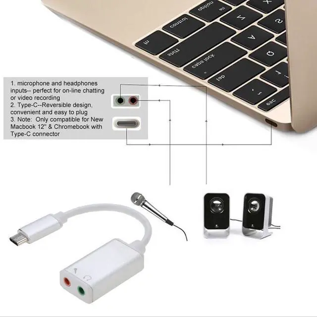 Alt view image 3 of 7 - USB 3.1 Type C USB-C to 3.5mm Audio Speaker Microphone Female Earphone Headset Adapter Cable Cord for New Macbook 12" Chromebook - Silver