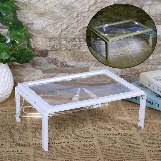 Alt view image 4 of 5 - Ultra-thin A4 3X Full Page Large PVC Magnifier Giant Desk Foldable Magnifying Glass with 4 LED Light for Reading Sewing Knitting - White
