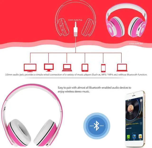 Alt view image 5 of 7 - OY5 Wireless Bluetooth Headphone Foldable Over-ear Headsets 3.5mm Wired Earphone Support TF Card Music Play FM Radio Hands-free Calling for iPhone 7 6S Plus Samsung S6 Note 6 Laptop Notebook - Pink