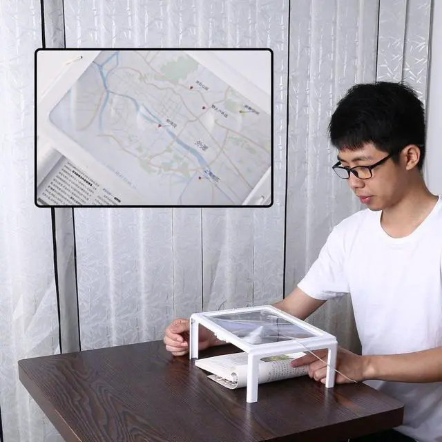 Alt view image 3 of 5 - Ultra-thin A4 3X Full Page Large PVC Magnifier Giant Desk Foldable Magnifying Glass with 4 LED Light for Reading Sewing Knitting - White