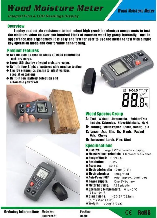 Alt view image 3 of 3 - LCD 0-99.9% 2Pins Wood Industry Digital Moisture Meter Humidity Tester Timber Damp Detector Conductivity Moisture Hygrometer