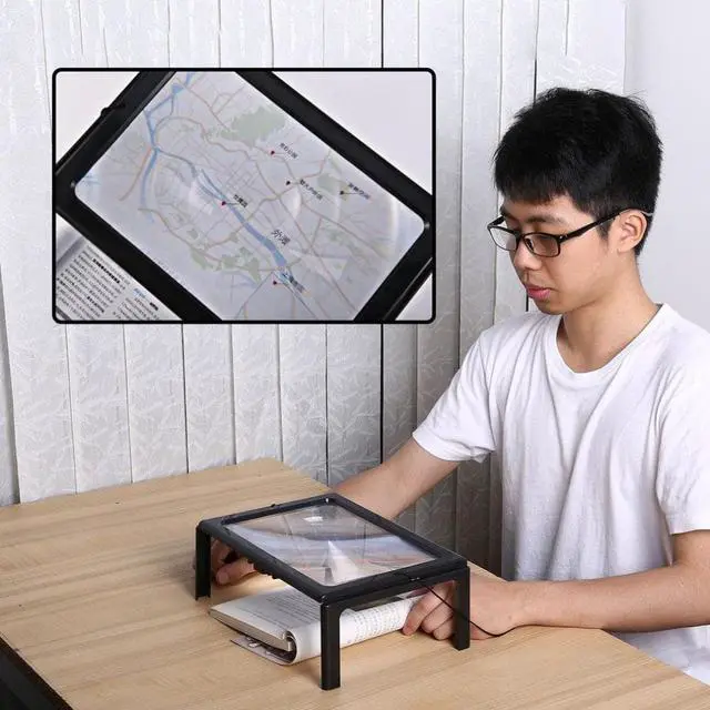 Alt view image 3 of 5 - Ultra-thin A4 3X Full Page Large PVC Magnifier Giant Desk Foldable Magnifying Glass with 4 LED Light for Reading Sewing Knitting - Black