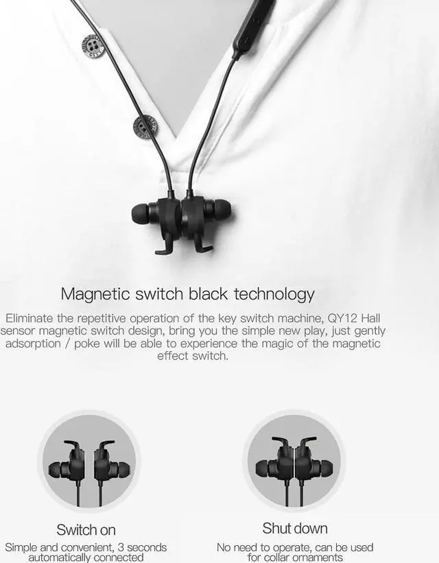 Alt view image 3 of 7 - QCY QY12 Bluetooth Earphones Sport Wireless Earphones Magnet Switch Earbuds With Mic Noise Cancelling Earbud - White