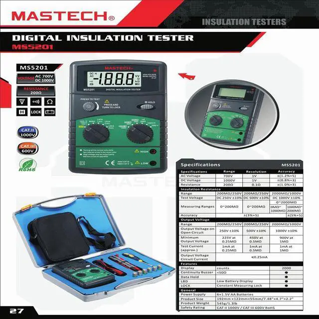 Alt view image 5 of 5 - Mastech MS5201 3" LCD Digital Mega Ohm Insulation Resistance Tester
