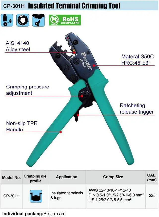 Alt view image 4 of 5 - Pro'sKit CP-301H Insulated Terminal Crimping Tool Ratchet Press Plier Multifunctional Hand Tools