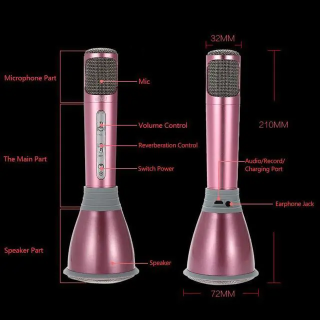 Alt view image 3 of 7 - TUXIN K068 Mini Karaoke Player Wireless Condenser Microphone with Mic Speaker KTV Singing Record for Smart Phones Computer Gloden - Pink