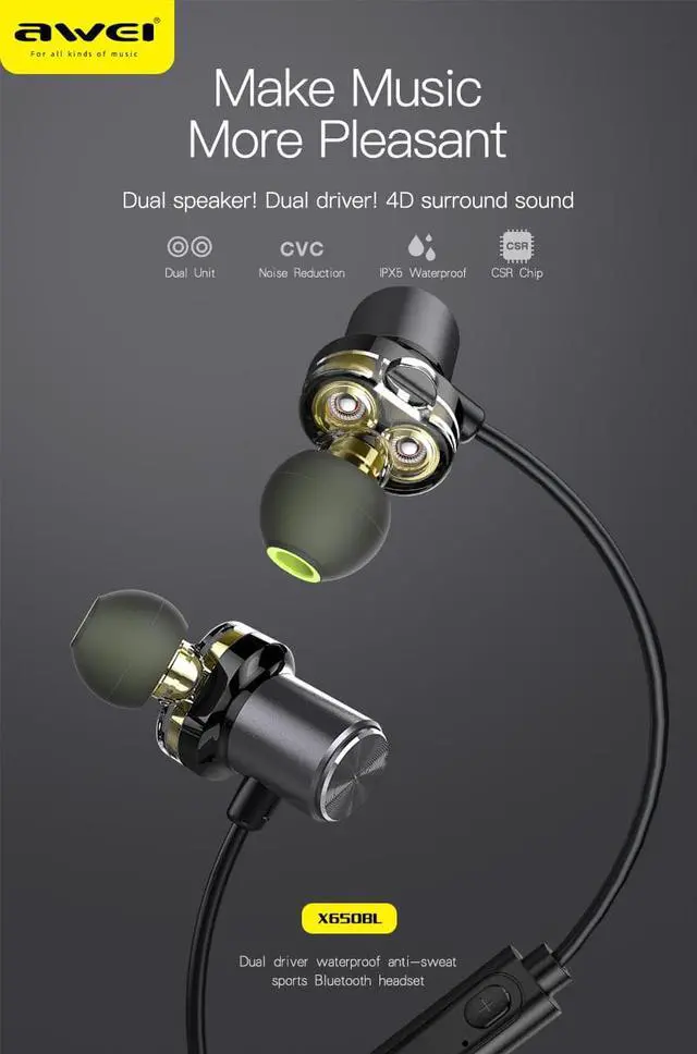 Alt view image 2 of 7 - AWEI X650BL Wireless Headphones Bluetooth headset Neckband Earpiece Casque Earphones for phones Auriculares inalambrico (Gray)