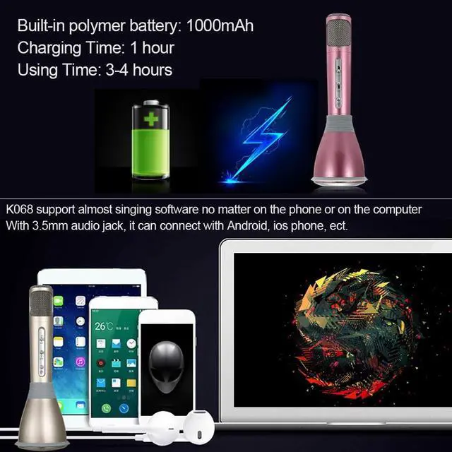 Alt view image 5 of 7 - TUXIN K068 Mini Karaoke Player Wireless Condenser Microphone with Mic Speaker KTV Singing Record for Smart Phones Computer Gloden - Pink