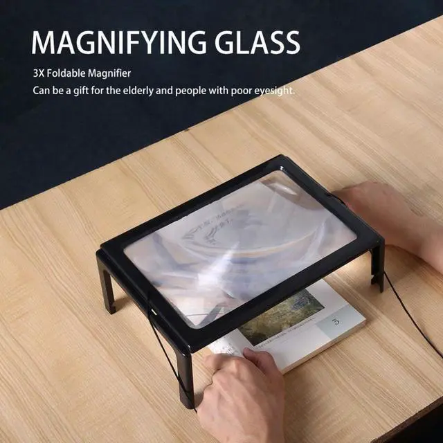 Alt view image 2 of 5 - Ultra-thin A4 3X Full Page Large PVC Magnifier Giant Desk Foldable Magnifying Glass with 4 LED Light for Reading Sewing Knitting - Black