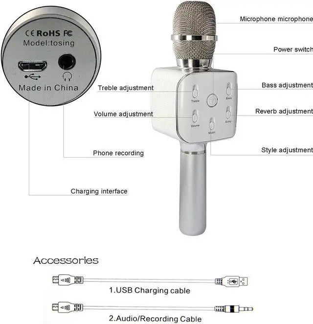 Alt view image 3 of 7 - TuXun Teana2 Wireless Karaoke Player Condenser Microphone Handheld Portable with Mic Dual Speakers Singing Record for Smart Phones Computer - Silver
