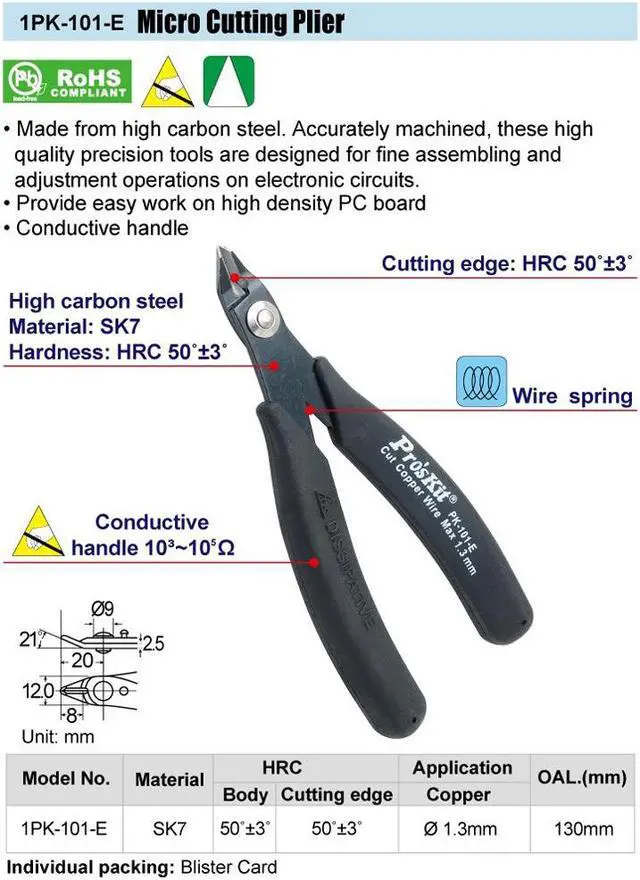Alt view image 5 of 5 - Pros'kit PK-101-E Antistatic Thin Blade Diagonal Pliers (125mm) Electronic Plier Clamp Hand Tools