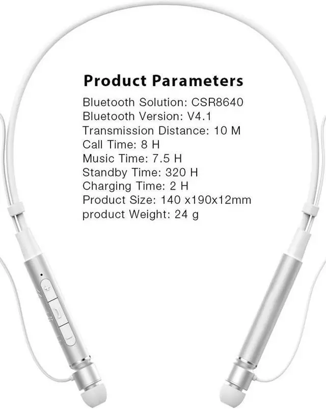 Alt view image 2 of 7 - Roman Z6000 Wireless 4.1 Bluetooth Sport Headphone Neckband In-ear Stereo Earphone with Microphone Sweatproof Hands Free Headset(Silver)