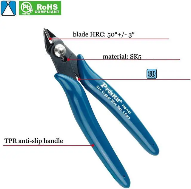 Alt view image 3 of 5 - Pro'sKit PM-107F Electrician Precision Diagonal Pliers Side Cable Cutter Wire Nipper Hand Tools HRC 50 Cutting