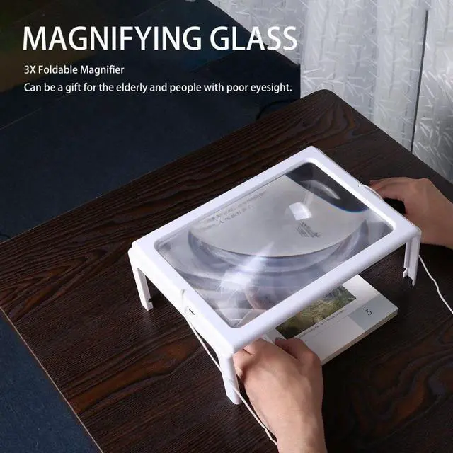 Alt view image 2 of 5 - Ultra-thin A4 3X Full Page Large PVC Magnifier Giant Desk Foldable Magnifying Glass with 4 LED Light for Reading Sewing Knitting - White