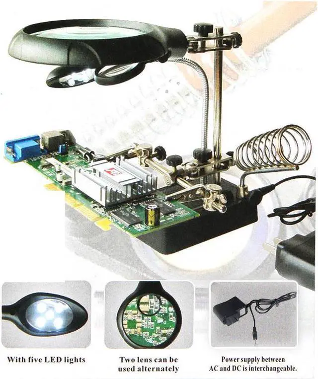 Alt view image 3 of 7 - 2.5X 7.5X 10X LED Soldering magnifying glass Illuminated Magnifier Desktop Loupe Helping Hand Auxiliary Clamp with Power Adapter