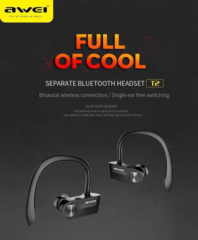 Alt view image 2 of 7 - AWEI T2 Wireless Bluetooth Earphone TWS Stereo Headset Cordless Ecouteur for Phone Auriculares With Microphone Bluetooth V4.2 (Yellow)