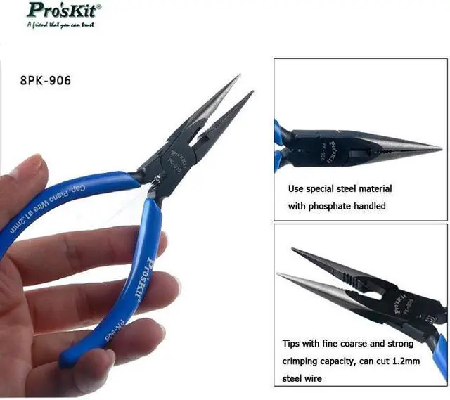 Alt view image 2 of 6 - Pro'skit 8PK-906 1.2mm Needle-Nose Pliers Steel Cutting Nippers Precision long reach Needle Cutting Tool