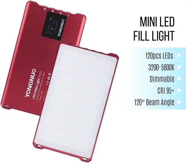 Alt view image 7 of 7 - YONGNUO YN125 Mini LED Fill Light Photography Lamp 120pcs LEDs Dimmable 3200-5600K Built-in Rechargeable Battery for Live Video Group Photos Selfie Taking - Red