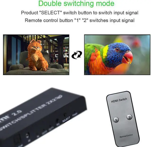 Alt view image 4 of 7 - 2x2 HDMI 2.0 Switch Switcher Splitter 4K @ 60Hz YUV 4:4:4 Optical SPDIF + 3.5mm Jack Audio Extractor with IR Remote Control