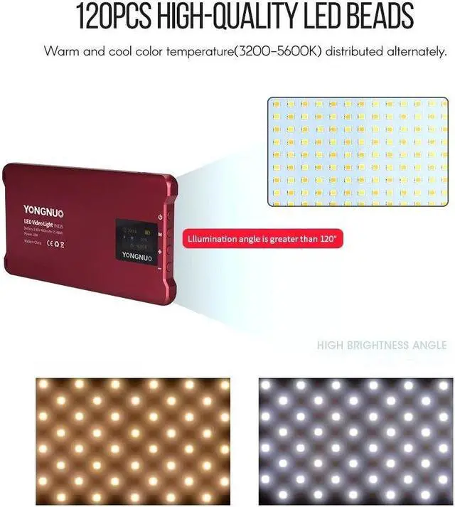 Alt view image 6 of 7 - YONGNUO YN125 Mini LED Fill Light Photography Lamp 120pcs LEDs Dimmable 3200-5600K Built-in Rechargeable Battery for Live Video Group Photos Selfie Taking - Red