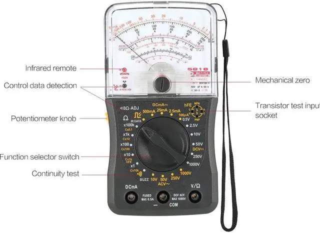 Alt view image 2 of 7 - Mini Handheld Analog Multimeter AC/DC Voltmeter Ammeter Resistance Continuity Capacitance Fuse & Diodes Tester