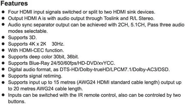Alt view image 4 of 7 - Full HD 4K 1080P HDMI Matrix 4x2 Switch Splitter EDID HIFI Matrix with IR Remote Control Audio Supports HDMI V1.4/3D/4Kx2K 30Hz