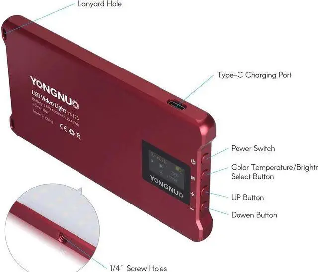 Alt view image 2 of 7 - YONGNUO YN125 Mini LED Fill Light Photography Lamp 120pcs LEDs Dimmable 3200-5600K Built-in Rechargeable Battery for Live Video Group Photos Selfie Taking - Red