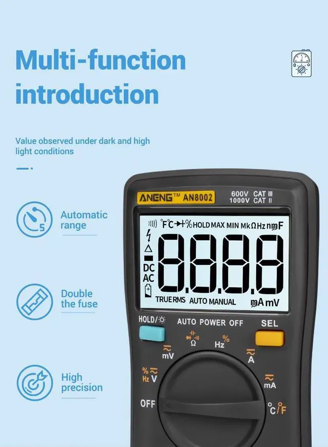 Alt view image 2 of 7 - ANENG AN8002 Digital Multimeter 6000 Counts Multimetro Multitester Digital Profesional Transistor Capacitor Tester Lcr Esr Meter - Black