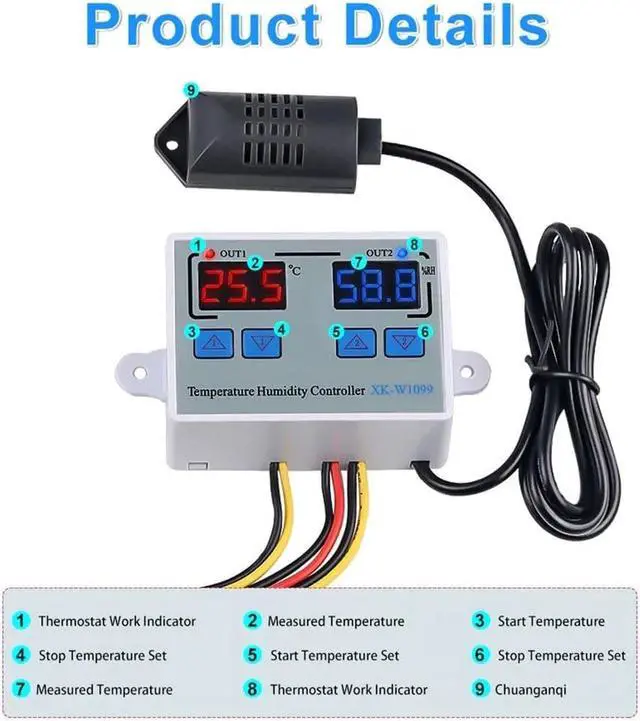 Alt view image 2 of 7 - Dual Digital Temperature Humidity Controller Home Fridge Thermostat Humidistat Thermometer Hygrometer XK-W1099 - AC110-220V