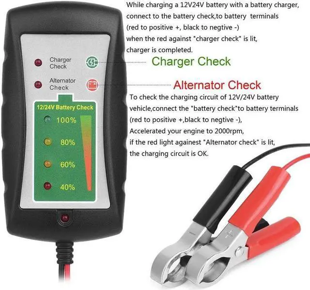 Alt view image 6 of 7 - 12V/24V DC Car Battery Clip Tester LED Alternator Diagnostic Tester Check Battery Condition & Alternator Charging for Car Motorcycle