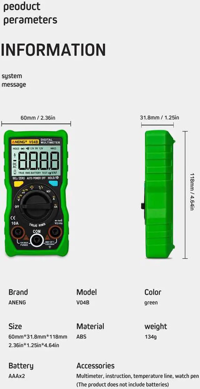 Alt view image 5 of 7 - ANENG V04B True Rms Digital Multimeter Tester Esr Meter Multimeter Auto Power Off Peak Automatic Multimetro Meter - Green
