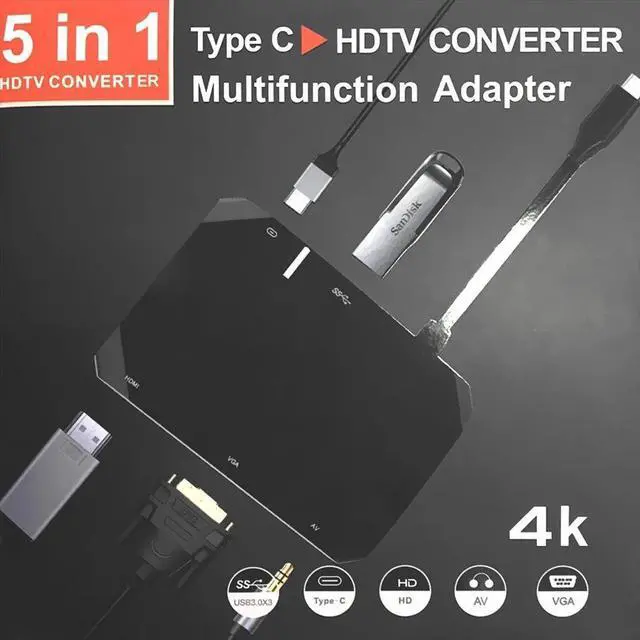 Alt view image 3 of 7 - 5-Port 5IN1 Type-C to HDTV+USB3.0+VGA+PD+Audio Adapter Multi-Function Docking Station HUB Converter 4K for Macbook HDTV Plug & Play