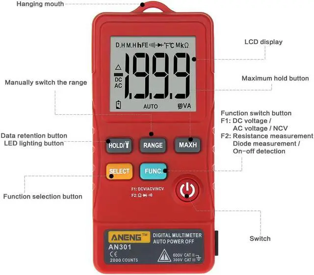 Alt view image 4 of 7 - ANENG AN301 True Rms Digital Multimeter Tester Esr Meter Transistor Testers Automatic Multimetro Profesional Profesional Car - Red