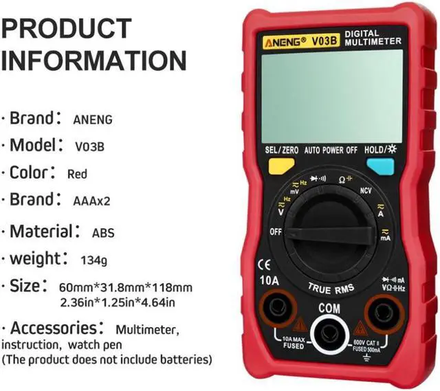 Alt view image 3 of 7 - ANENG V03B LCD Analog Digital Multimeter Tester 4000 Counts Multimetro Esr Meter Multimeter Auto Power Off Peak Auto Meter - Red