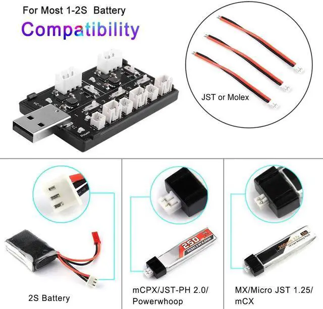 Alt view image 4 of 9 - U5 1-2S LiPo LiHV Battery Charger with USB Port MCPX MCX JST-PH 2.0 Molex 1.25