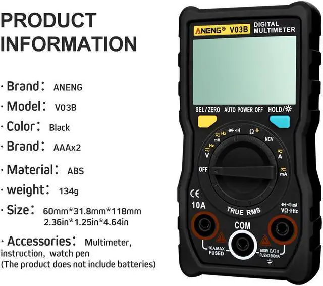 Alt view image 3 of 6 - ANENG V03B LCD Analog Digital Multimeter Tester 4000 Counts Multimetro Esr Meter Multimeter Auto Power Off Peak Auto Meter - Black