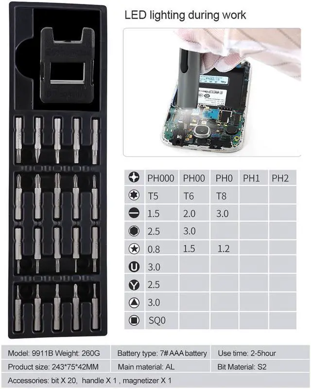 Alt view image 3 of 7 - BST-9911B Pro Portable Mini Cordless Magnetic Electric Screwdriver for Laptop Mobile Phone Repair Of Home Appliances