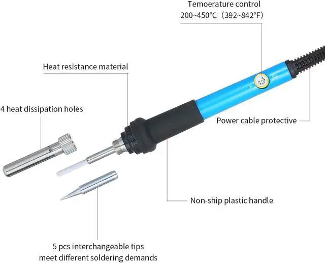 Alt view image 7 of 7 - Electric Soldering Iron Kit 60W Adjustable Temperature Welding Tool with 5 Piece Solder Iron Tips Portable PU Carry Bag