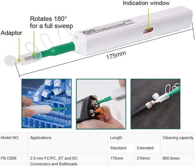 Alt view image 7 of 7 - Pro'sKit FB-C008 2.5mm Fiber Optic Cleaner One Click Fiber Optic Connector Cleaner Tool Universal Connector Fiber Optic Cleaning Pen