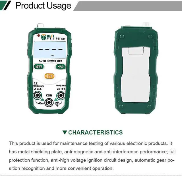 Alt view image 4 of 7 - BST-58F Digital Multimeter Auto Range 4000 Counts AC/DC Voltage Current Resistance Meter Capacitance Frequency Tester