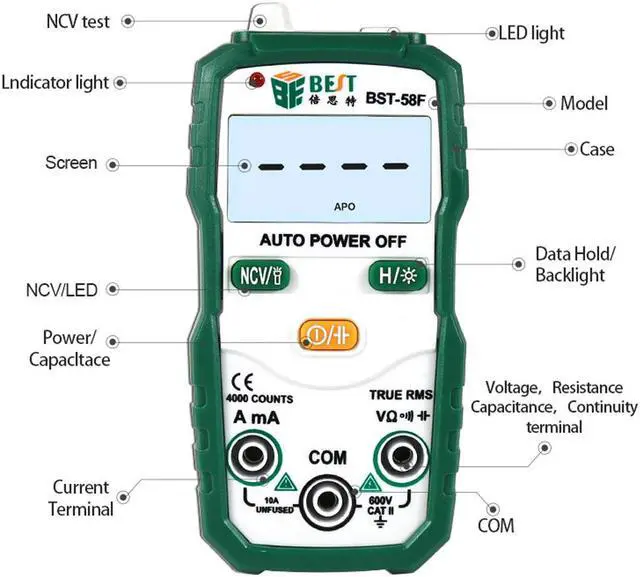 Alt view image 2 of 7 - BST-58F Digital Multimeter Auto Range 4000 Counts AC/DC Voltage Current Resistance Meter Capacitance Frequency Tester