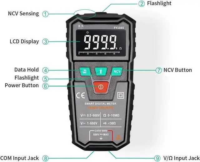 Alt view image 2 of 7 - FUYI FY108S 9999 Counts True RMS Digital Multimeter Palm Size Automatic Multimeter Handheld Mini Universal Meter High-precision Electrician Multi-functional Digital Multi-meter Measure Current AC/DC V