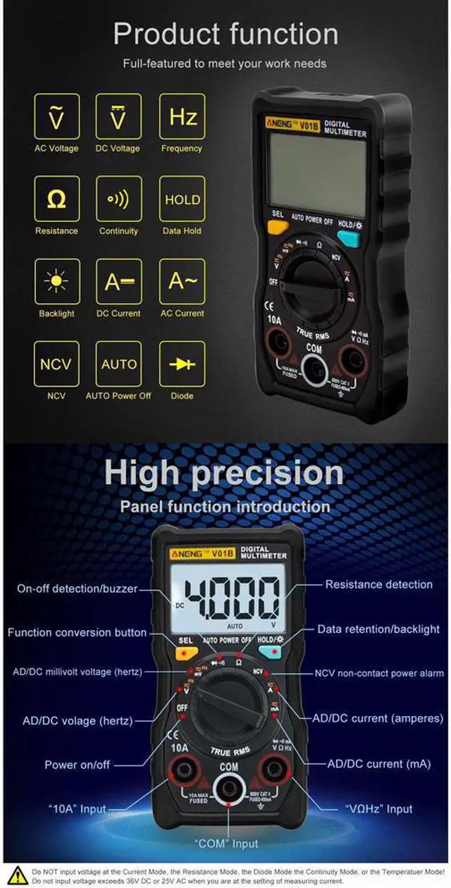 Alt view image 7 of 7 - ANENG V01B 4000 Counts Digital Multimeter Comprobador Automotive Electrical Dmm Transistor Tester Capacitance Meter Test Point - Black
