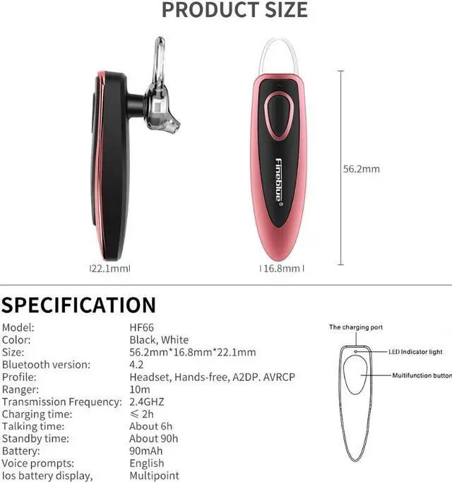 Alt view image 7 of 7 - Fineblue HF-66 Mini headphones bluetooth wireless business earphone hands free with Mic Sport stereo earbuds for mobile phone (Black)