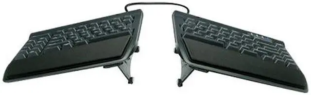 Main image of PC keyboard with V-lifters to adjust the slope of the keyboard in combination with palm rests to ensure wrist remain neutral and computing is comfortable.