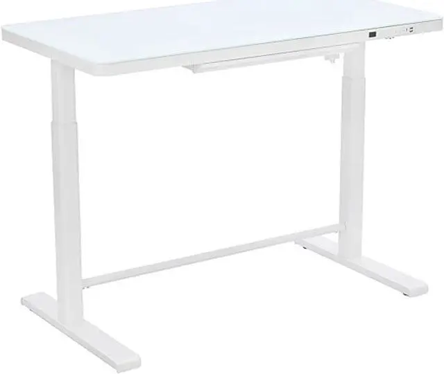 Main image of Rise Up Glass Electric Standing Desk 23.7x 45.3” glass desktop adjustable height 27-46.3” sit stand-up ergonomic office computer workstation memory usb c charging ports outlets easy assembly white
