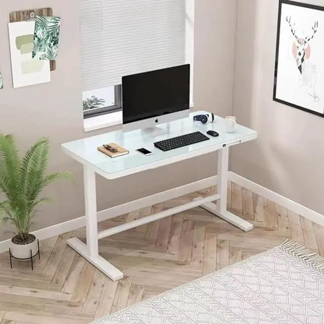 Alt view image 2 of 7 - Rise Up Glass Electric Standing Desk 23.7x 45.3” glass desktop adjustable height 27-46.3” sit stand-up ergonomic office computer workstation memory usb c charging ports outlets easy assembly white