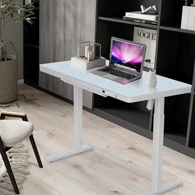 Alt view image 5 of 7 - Rise Up Glass Electric Standing Desk 23.7x 45.3” glass desktop adjustable height 27-46.3” sit stand-up ergonomic office computer workstation memory usb c charging ports outlets easy assembly white
