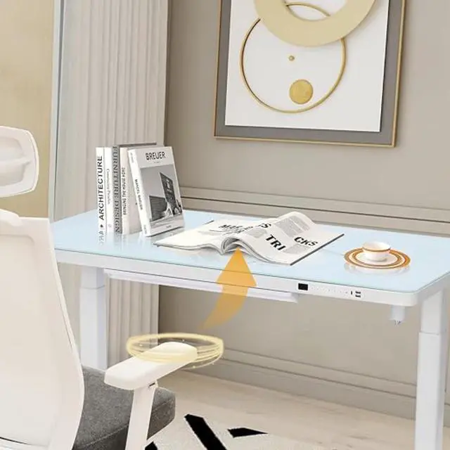 Alt view image 6 of 7 - Rise Up Glass Electric Standing Desk 23.7x 45.3” glass desktop adjustable height 27-46.3” sit stand-up ergonomic office computer workstation memory usb c charging ports outlets easy assembly white